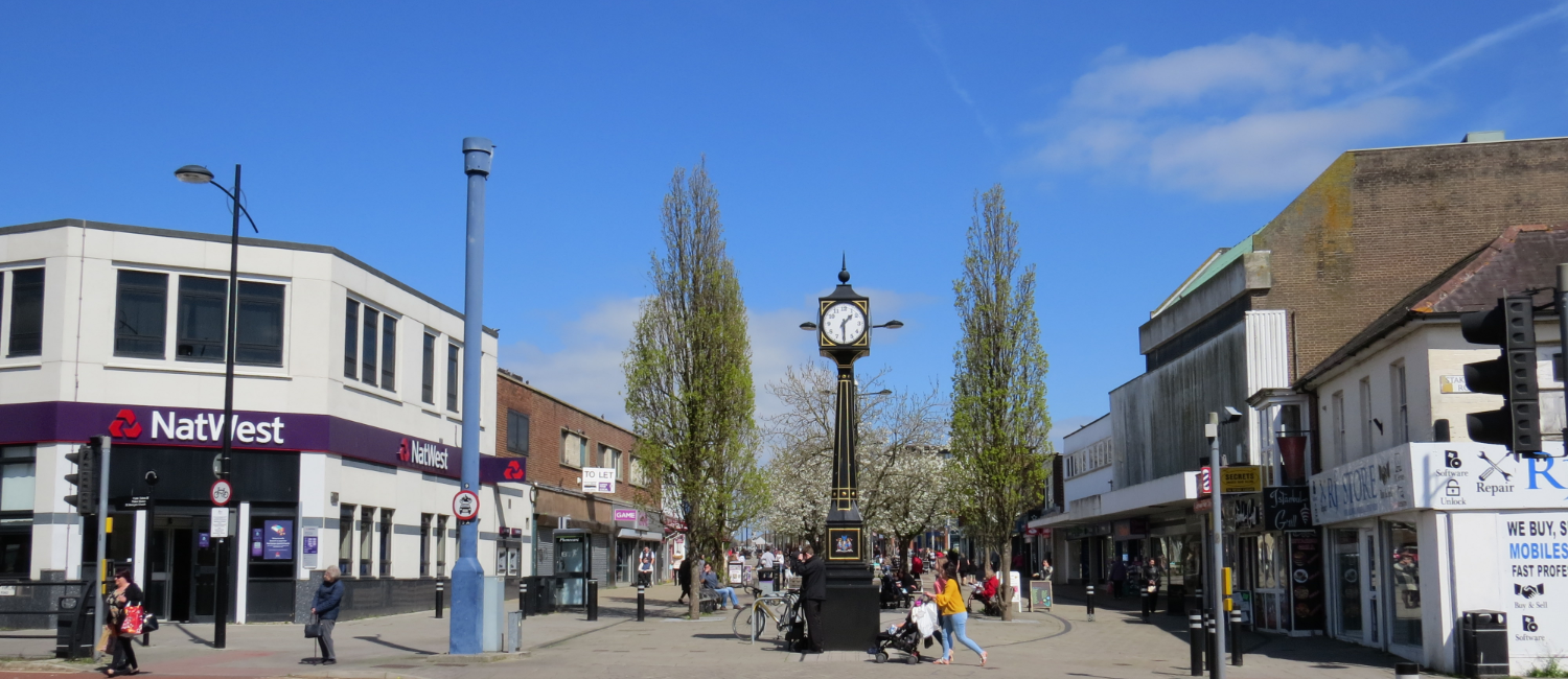 Waterlooville town centre shops and clock tower